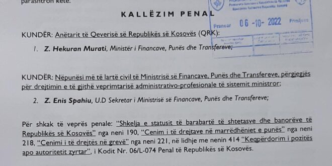 Abelard Tahiri, ka dorëzuar kallëzim penal në Prokurorinë Speciale kundër ministrit të Financave, Hekuran Murati