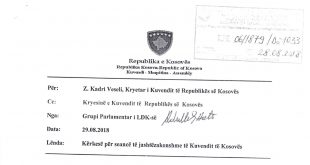 LDK e dorëzoi kërkesën për seancë të jashtëzakonshme të Kuvendit të Kosovës kundër cenimit të territorit vendit