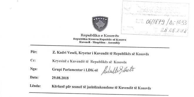 LDK e dorëzoi kërkesën për seancë të jashtëzakonshme të Kuvendit të Kosovës kundër cenimit të territorit vendit