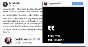 Miku i Albin Kurtit dhe aktivistëve të Vetëvendosjes, në Zvicër, Cédric Wermuth, ka fyer publikisht, Donald Trumpin