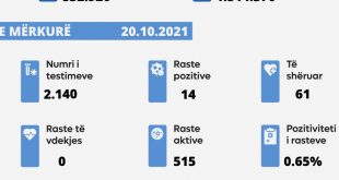 Në 24 orët e fundit nuk ka vdekur asnjë i sëmurë nga virusi korona, u konfirmuan 14 raste të reja, u shëruan 61 të infektuar